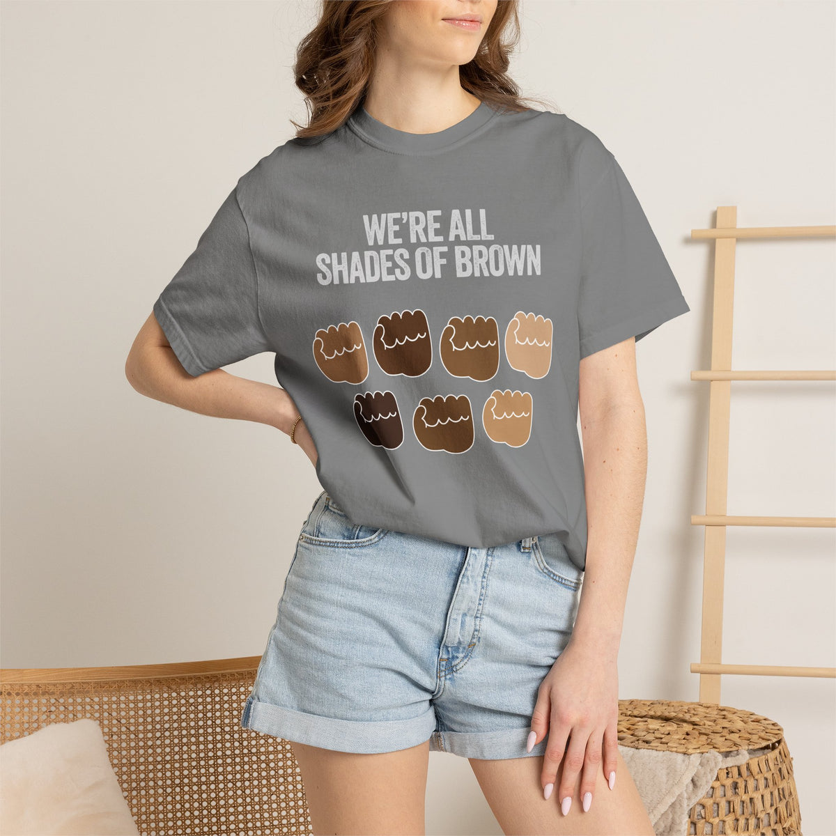 T-Shirt — "We’re All Shades of Brown" Inclusive Diversity Tee Fist Pump White Letter