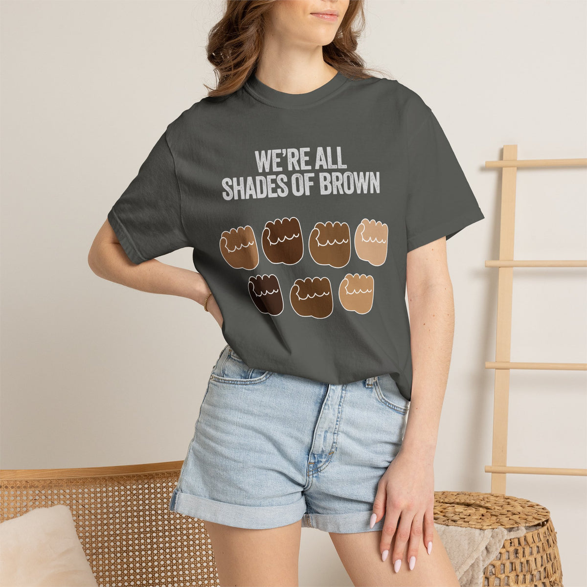 T-Shirt — "We’re All Shades of Brown" Inclusive Diversity Tee Fist Pump White Letter