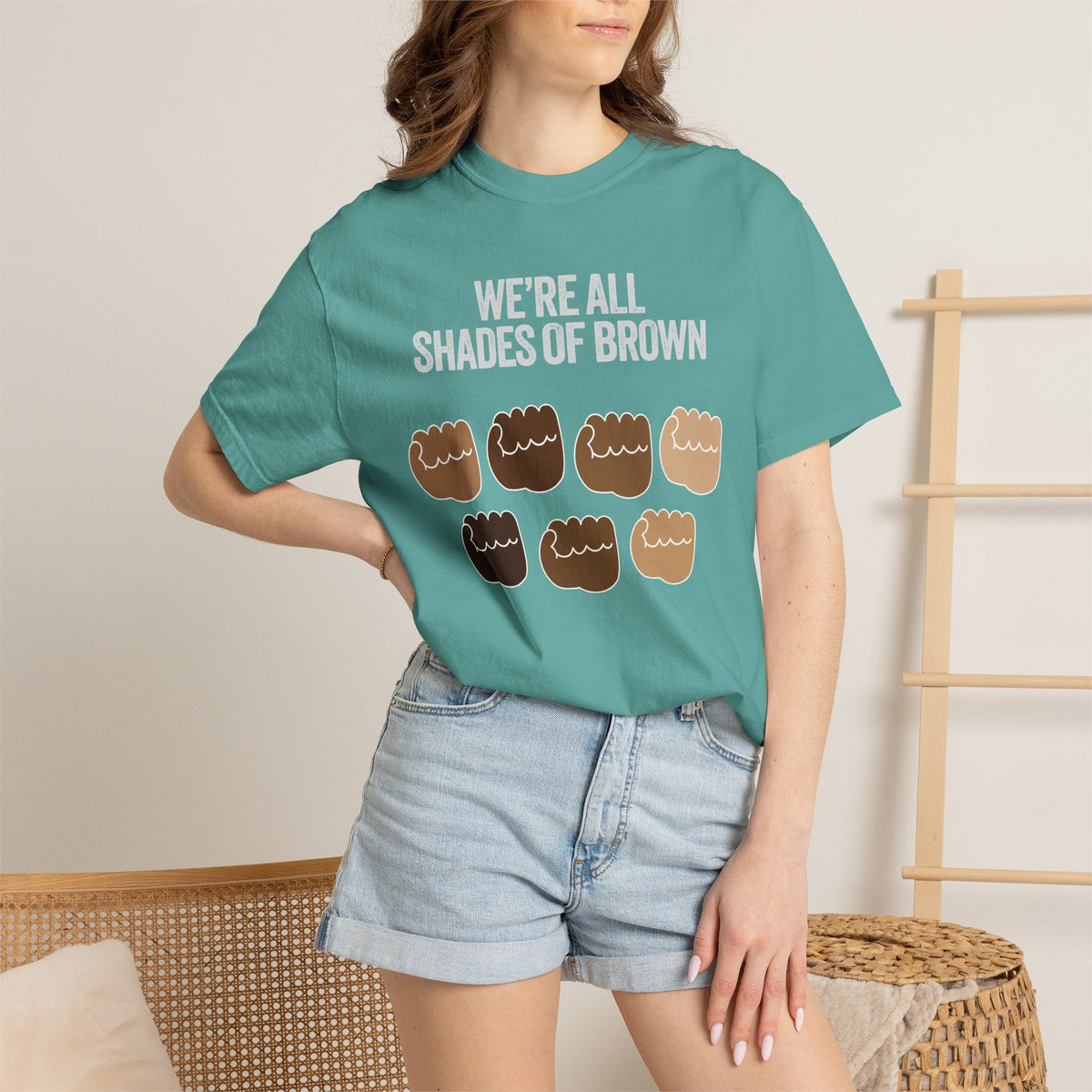 T-Shirt — "We’re All Shades of Brown" Inclusive Diversity Tee Fist Pump White Letter