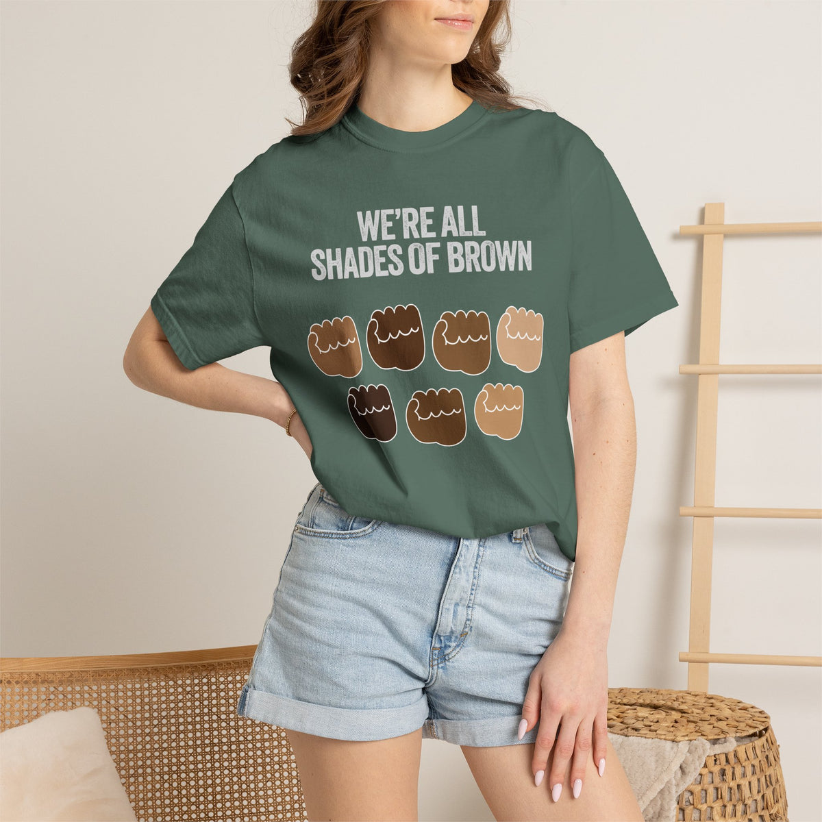 T-Shirt — "We’re All Shades of Brown" Inclusive Diversity Tee Fist Pump White Letter