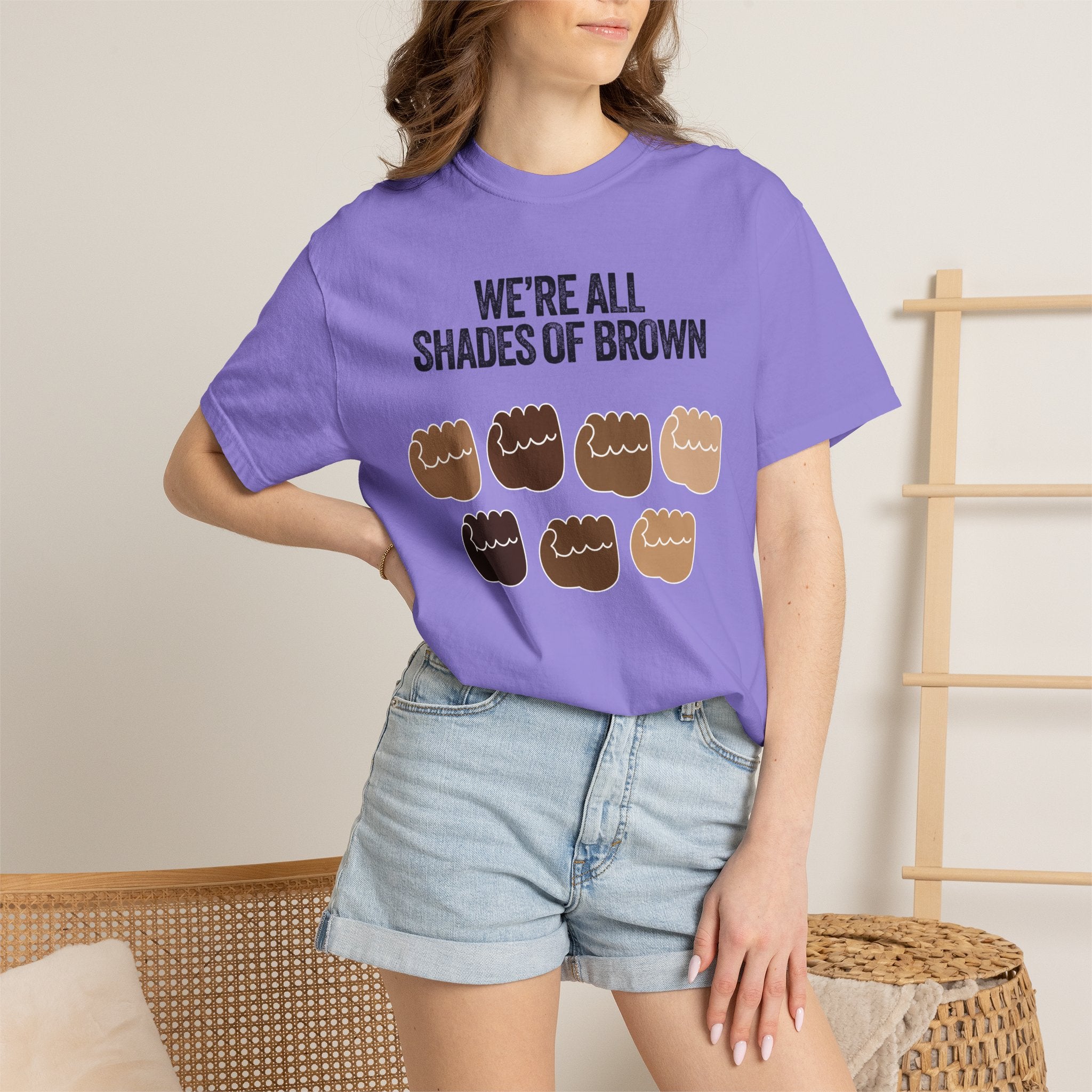 We're All Shades of Brown T-Shirt — Inclusive Diversity Graphic Tee Fist Pump Black Letter