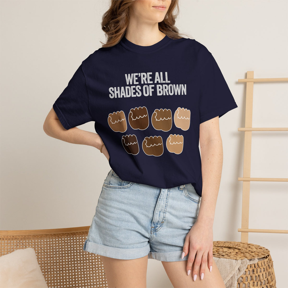 T-Shirt — "We’re All Shades of Brown" Inclusive Diversity Tee Fist Pump White Letter