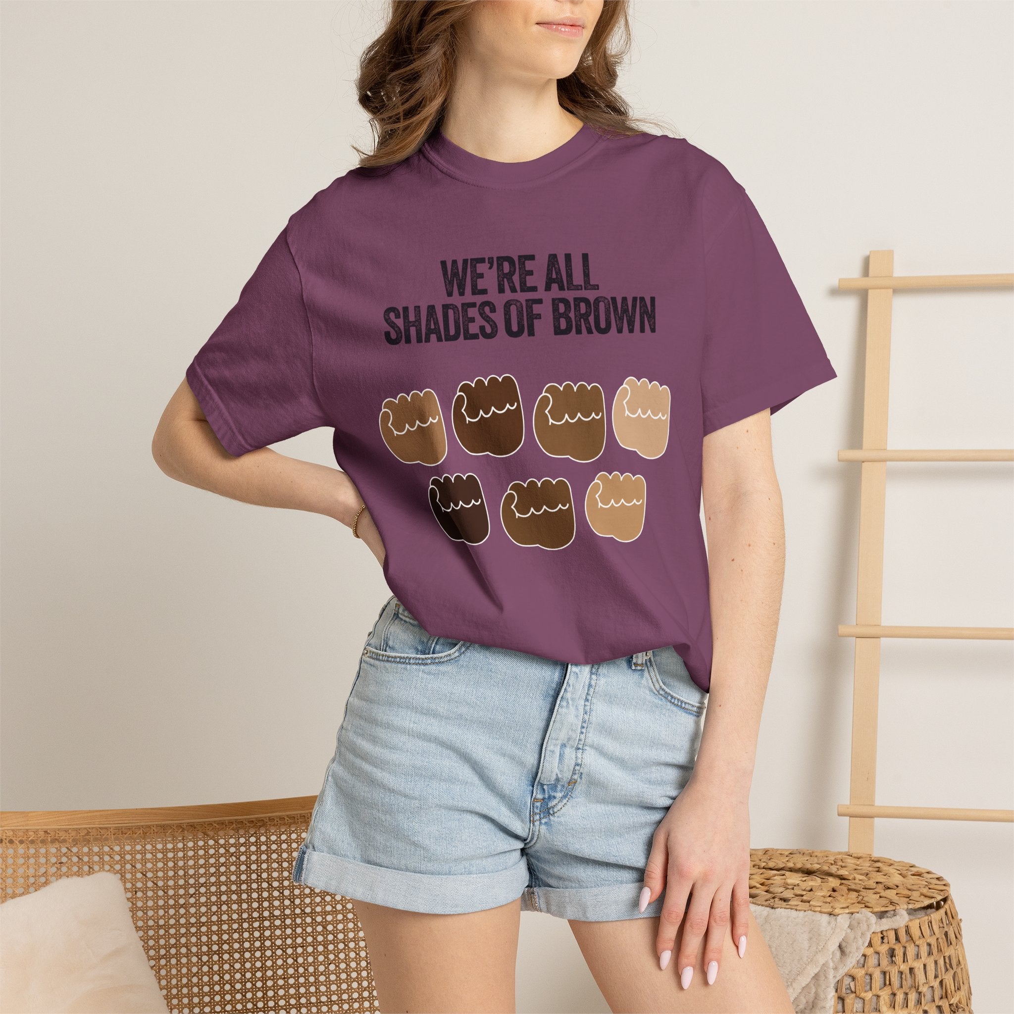 We're All Shades of Brown T-Shirt — Inclusive Diversity Graphic Tee Fist Pump Black Letter